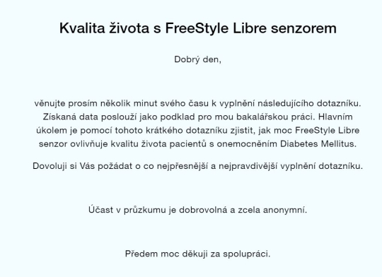 Prosba o vyplnění dotazníku - Kvalita života s FreeStyle Libre senzorem