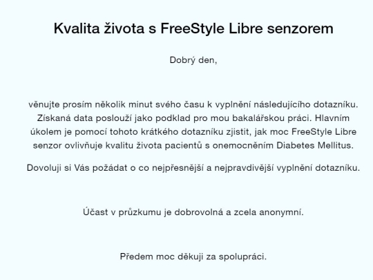 Prosba o vyplnění dotazníku - Kvalita života s FreeStyle Libre senzorem