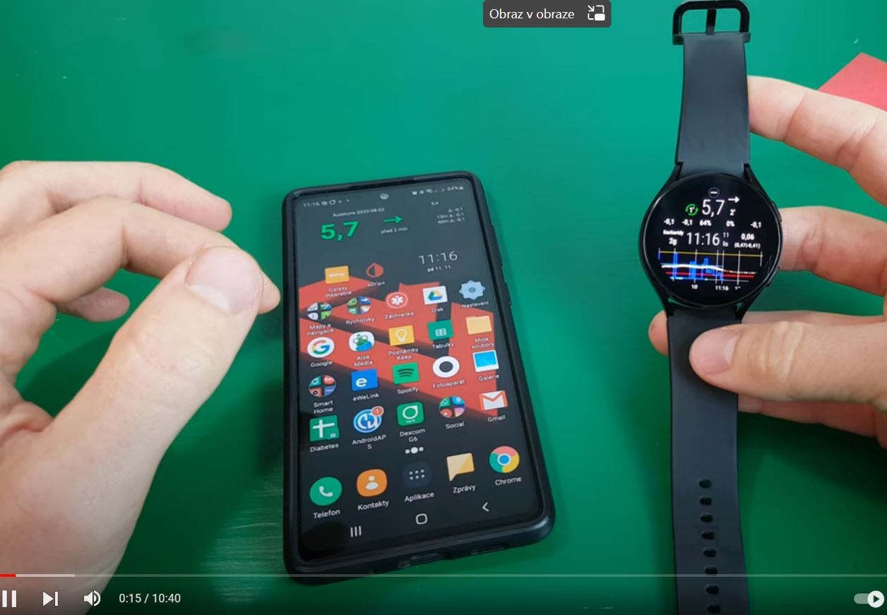 Glykémie na hodinkách s Wear OS 3+ (Samsung Galaxy Watch4) pro G6 a xDrip+ video Petra